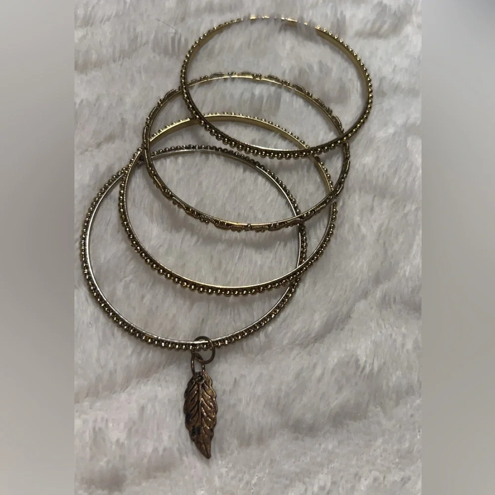 Gold Bangle Bracelets with Leaf Charm